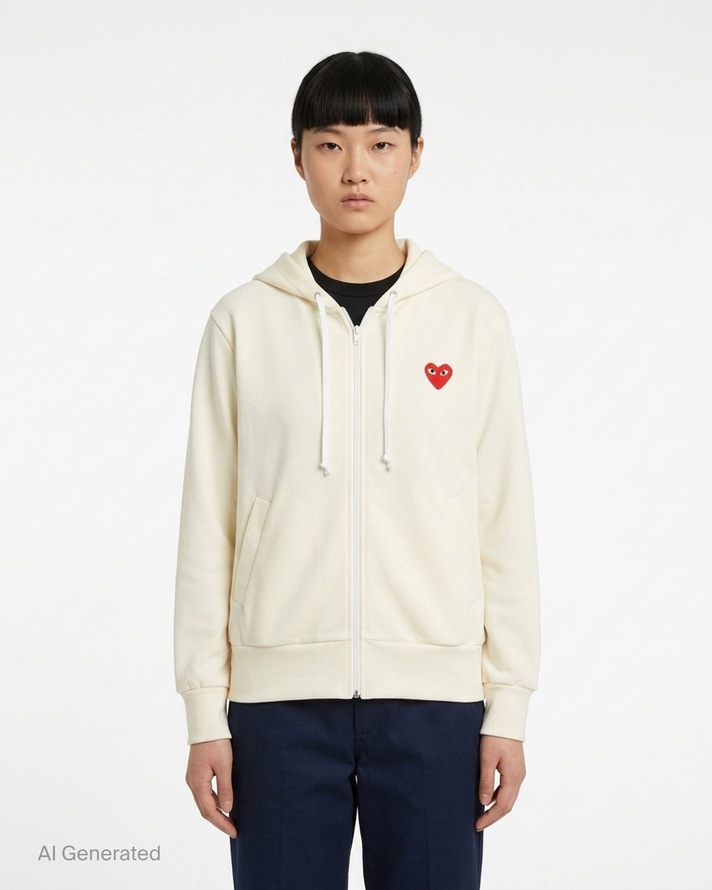 Comme des Garçons PLAY cream zip-up hoodie with drawstring hood and embroidered red heart logo on the chest - front
