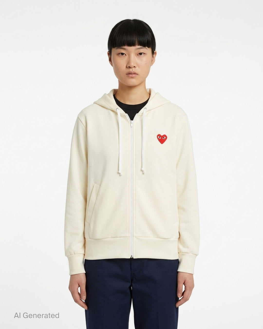 Comme des Garçons PLAY cream zip-up hoodie with drawstring hood and embroidered red heart logo on the chest - front