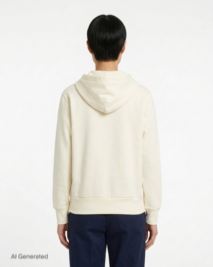 Comme des Garçons PLAY cream zip-up hoodie with drawstring hood and embroidered red heart logo on the chest - back