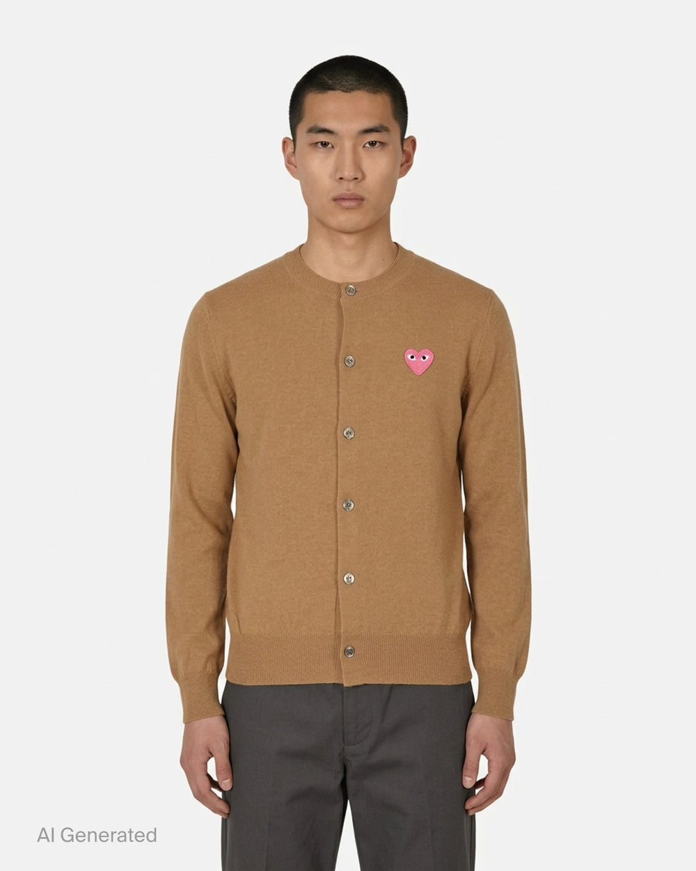 Comme des Garçons PLAY camel round neck cardigan with pink embroidered heart emblem and pearlescent buttons, front view - front