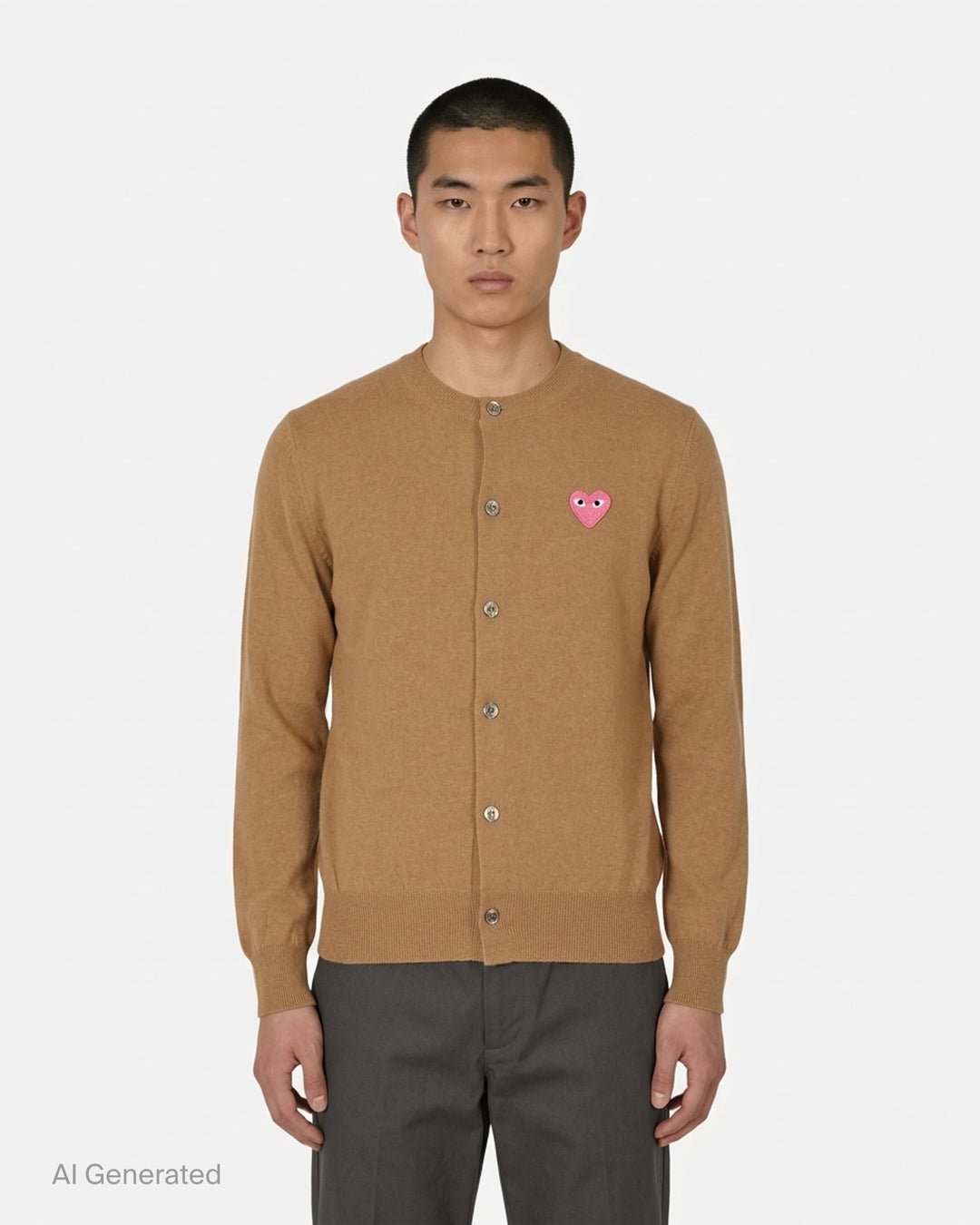 Comme des Garçons PLAY camel round neck cardigan with pink embroidered heart emblem and pearlescent buttons, front view - front