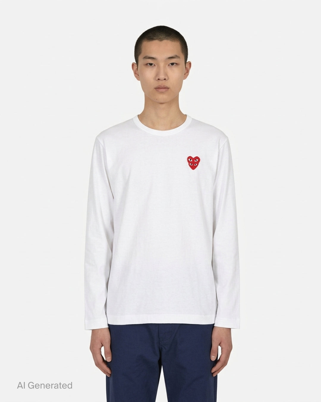 Black long sleeve crew neck tee with a stacked double red heart embroidered patch on the chest and a white PLAY Comme des Garçons neck label - front