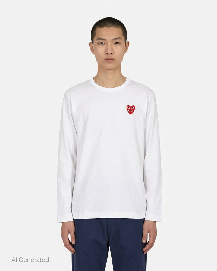 Black long sleeve crew neck tee with a stacked double red heart embroidered patch on the chest and a white PLAY Comme des Garçons neck label - front