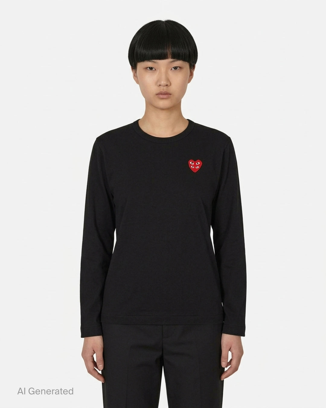 Black long sleeve crew neck tee with a stacked double red heart embroidered patch on the chest and a white PLAY Comme des Garçons neck label - front