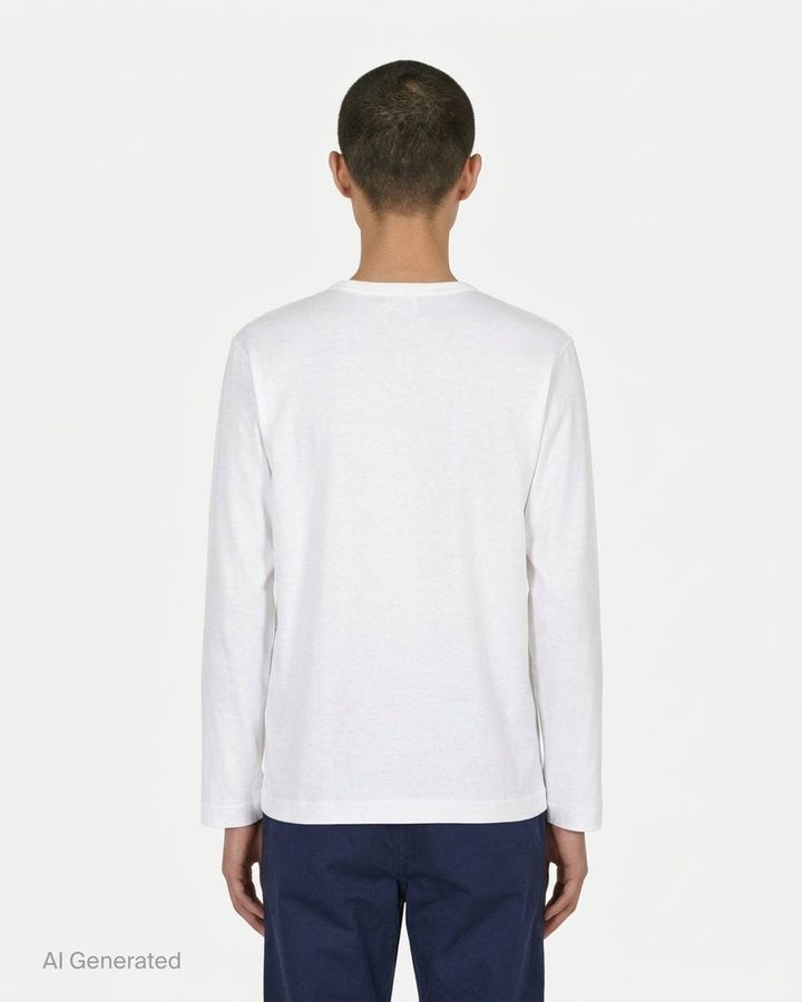 Black long sleeve crew neck tee with a stacked double red heart embroidered patch on the chest and a white PLAY Comme des Garçons neck label - back