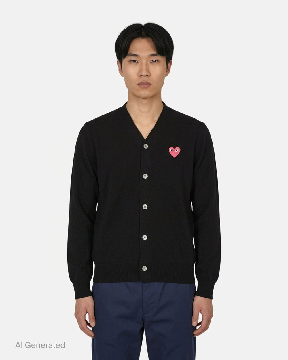 Comme des Garçons PLAY black V-neck cardigan with white buttons and an embroidered pink heart emblem on the chest - front
