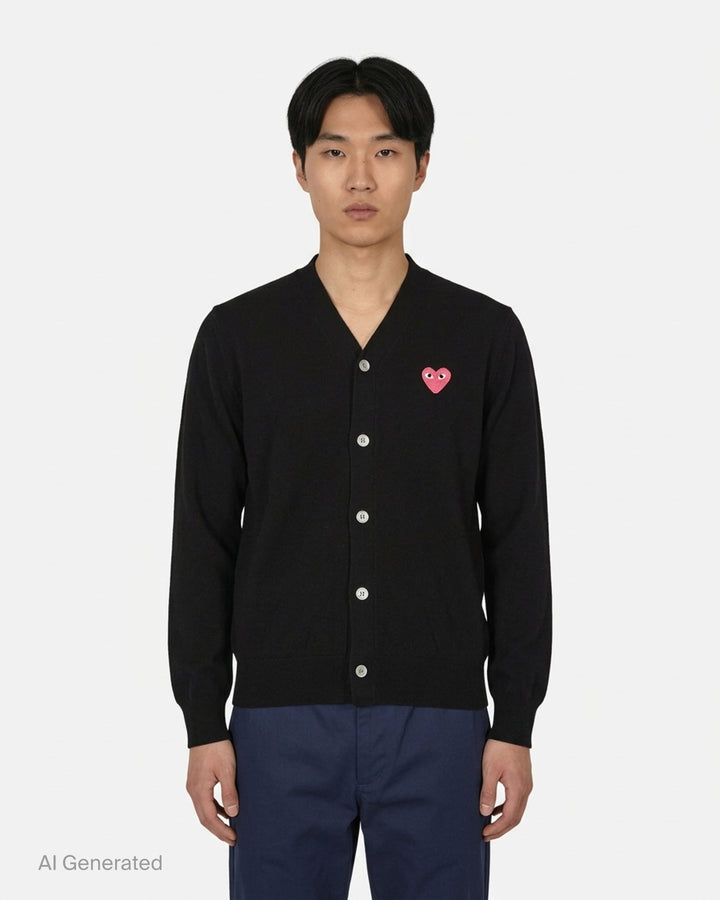 Comme des Garçons PLAY black V-neck cardigan with white buttons and an embroidered pink heart emblem on the chest - front