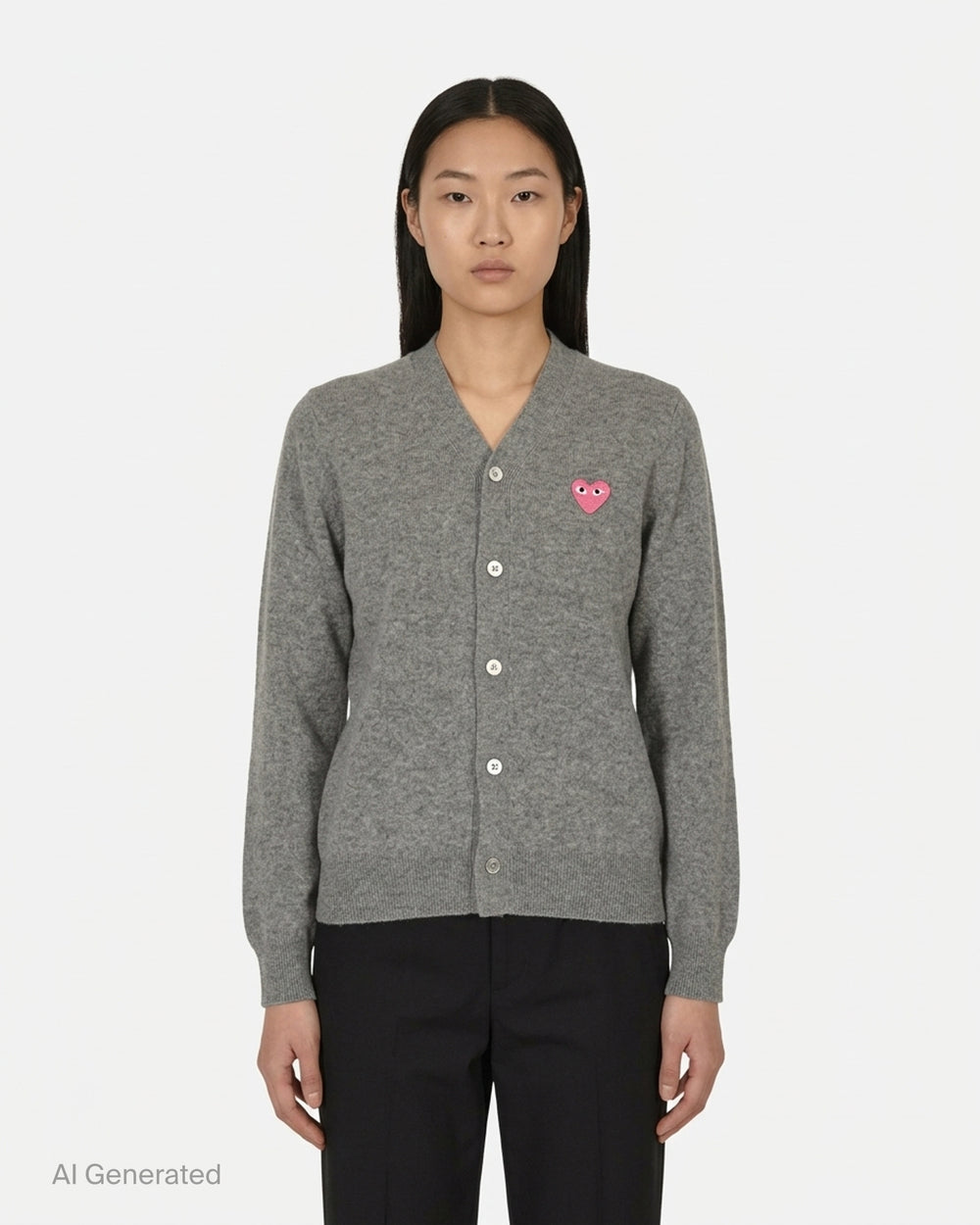 Comme des Garçons PLAY black V-neck cardigan with white buttons and an embroidered pink heart emblem on the chest - front