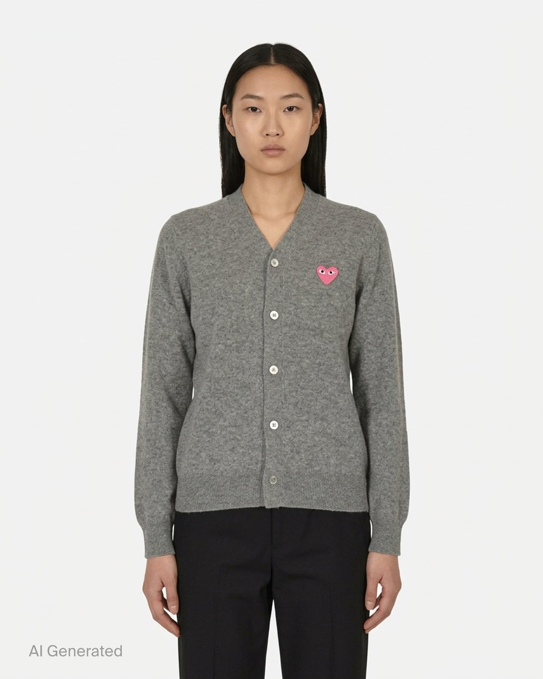 Comme des Garçons PLAY black V-neck cardigan with white buttons and an embroidered pink heart emblem on the chest - front