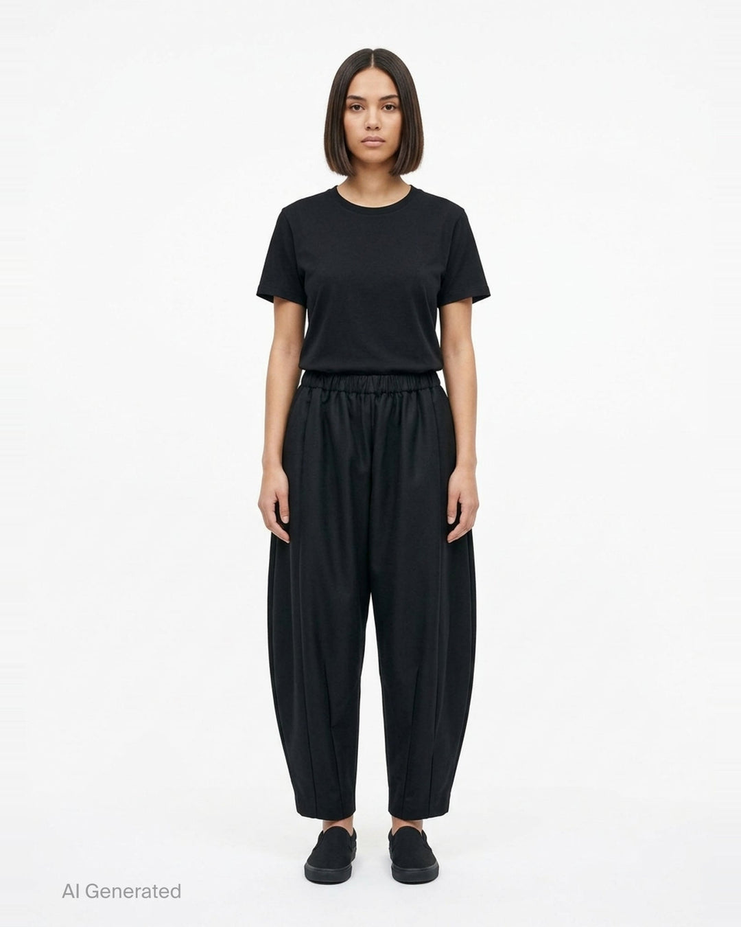 Comme des Garçons black rounded silhouette balloon-leg pants with elasticated waistband and structured vertical seaming, laid flat on white background - front