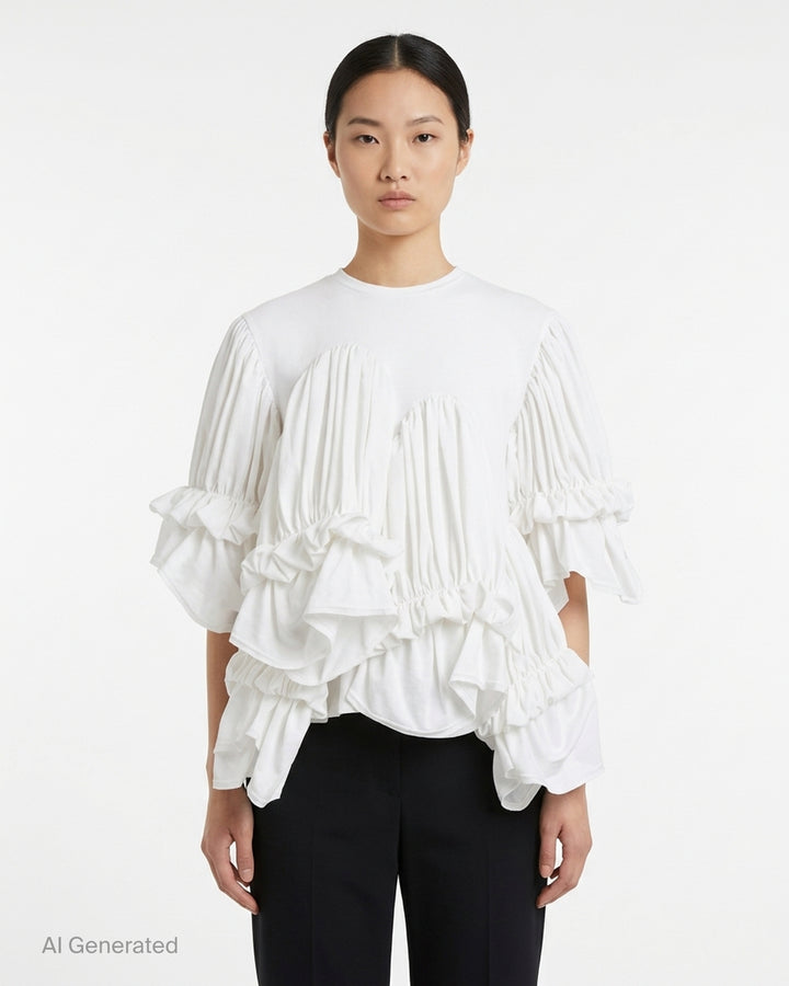 Comme des Garçons white ruffled tiered tee with pleated scalloped panels and gathered puff sleeves - front
