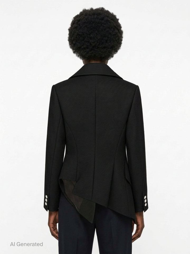 Comme des Garçons black sculptural asymmetric blazer with deconstructed layered lapels, mother-of-pearl buttons, and asymmetric hem revealing satin lining, photographed flat on white background - back