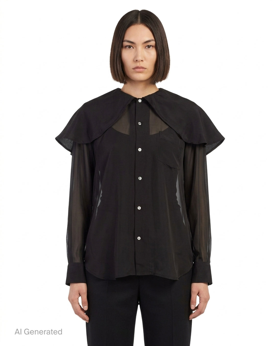 Comme des Garçons sheer black rayon georgette shirt with oversized layered cape collar, patch chest pocket and mother-of-pearl buttons - front
