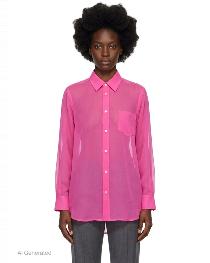 Comme des Garçons sheer fuchsia pink longline tailored blouse with point collar, white button-front fastening, chest patch pocket, and structured cuffs - front