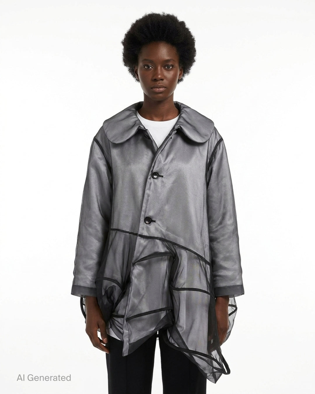 Comme des Garçons sheer black organza coat with padded lining, peter pan collar, three-button front and asymmetric panelled draped hem - front