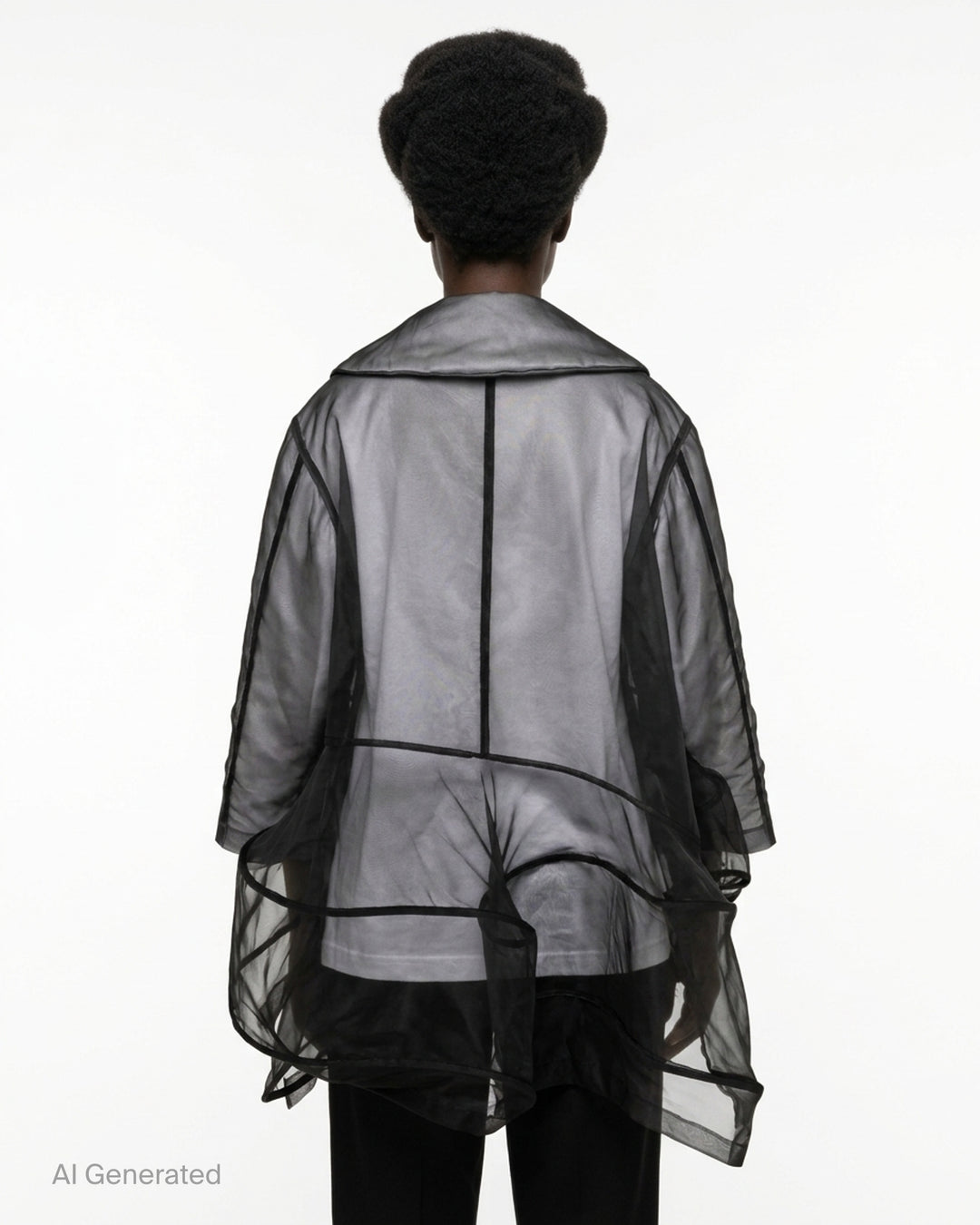 Comme des Garçons sheer black organza coat with padded lining, peter pan collar, three-button front and asymmetric panelled draped hem - back