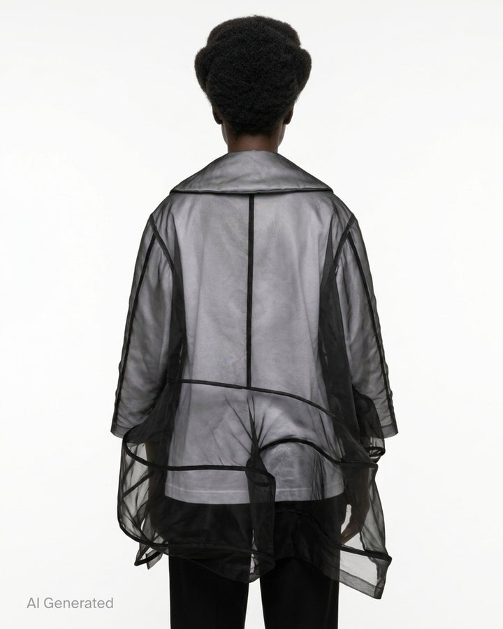 Comme des Garçons sheer black organza coat with padded lining, peter pan collar, three-button front and asymmetric panelled draped hem - back