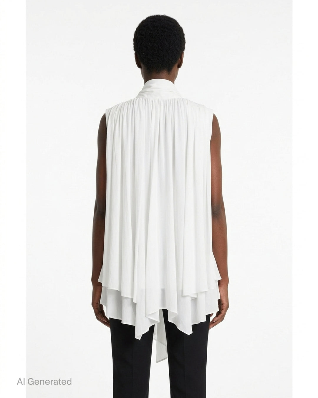 Comme des Garçons black sheer pleated dress with gathered tie neck and layered asymmetric hem, shown from the front - back
