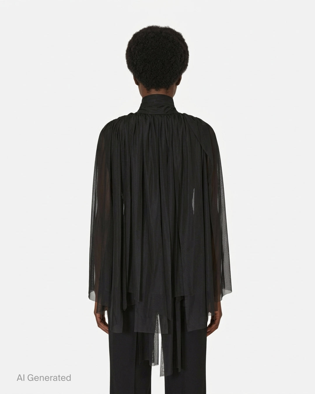 Comme des Garçons black sheer pleated dress with gathered tie neck and layered asymmetric hem, shown from the front - back