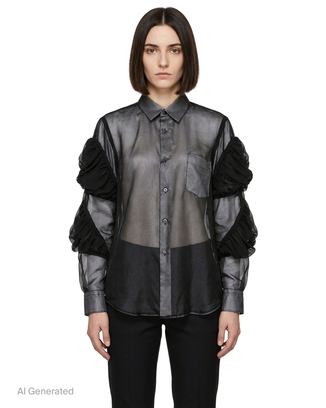 Black sheer button-up shirt with ruched gathered sleeve panels and a chest pocket by Comme des Garçons - front