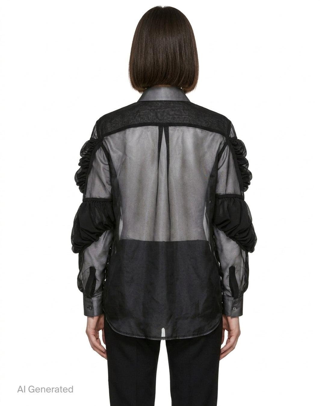 Black sheer button-up shirt with ruched gathered sleeve panels and a chest pocket by Comme des Garçons - back