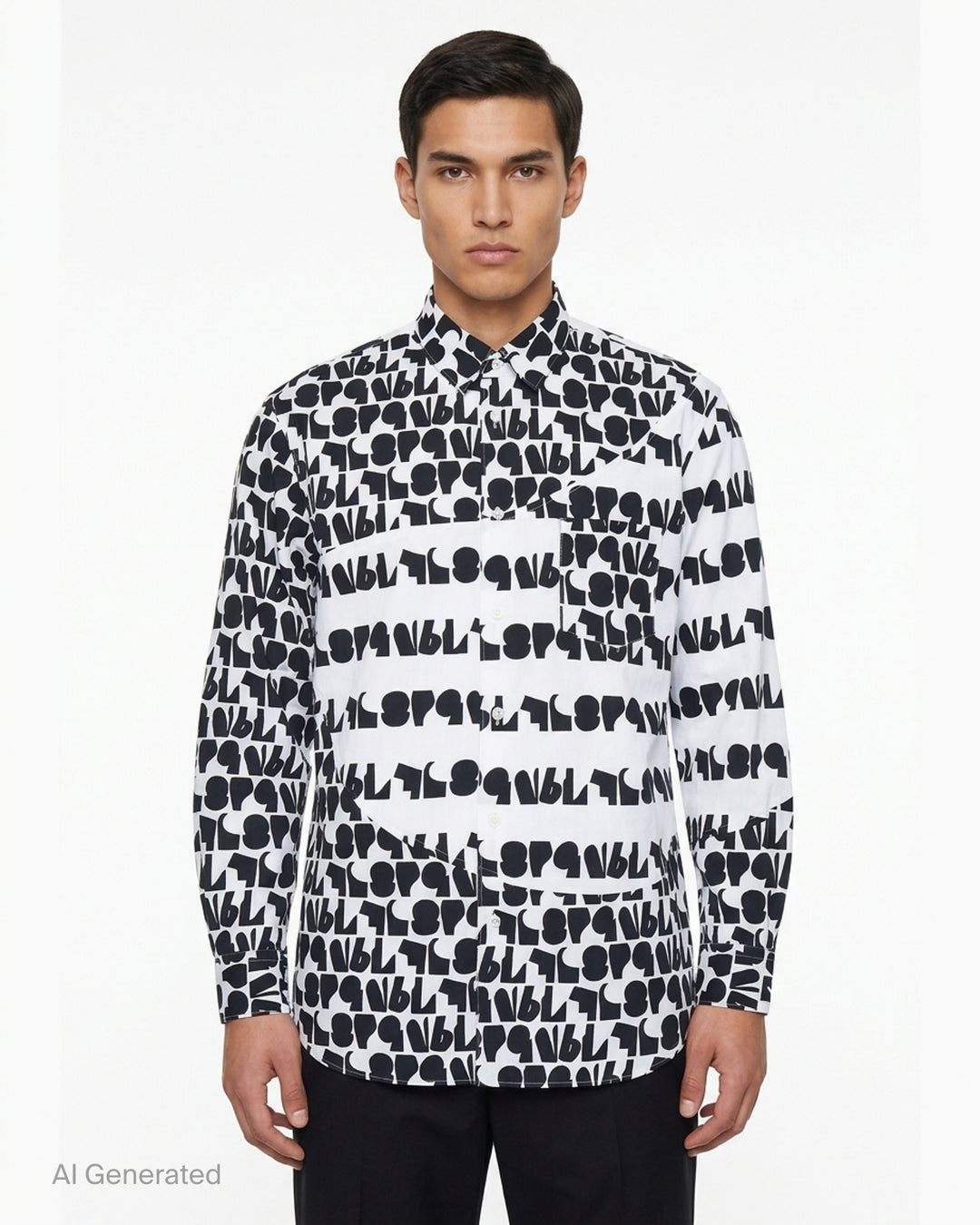 Comme des Garçons Shirt long sleeve shirt in white cotton with an all-over black abstract typography print, curved panel detail and chest pocket - front