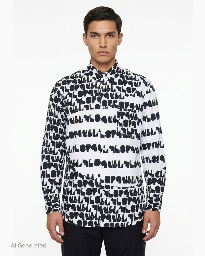 Comme des Garçons Shirt long sleeve shirt in white cotton with an all-over black abstract typography print, curved panel detail and chest pocket - front