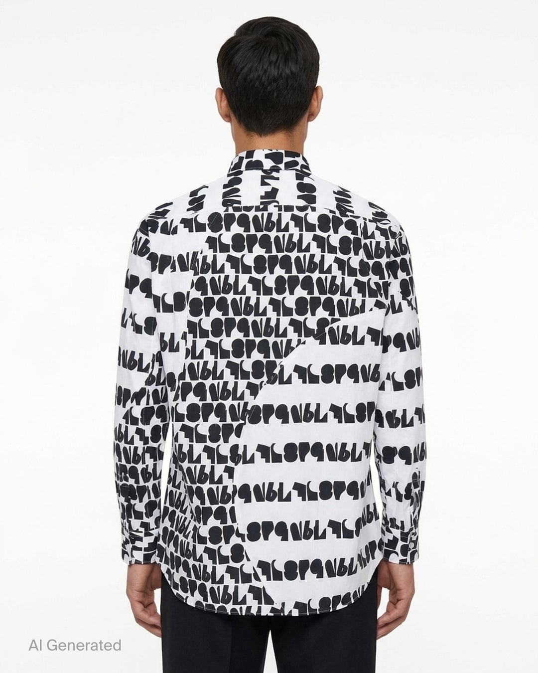 Comme des Garçons Shirt long sleeve shirt in white cotton with an all-over black abstract typography print, curved panel detail and chest pocket - back