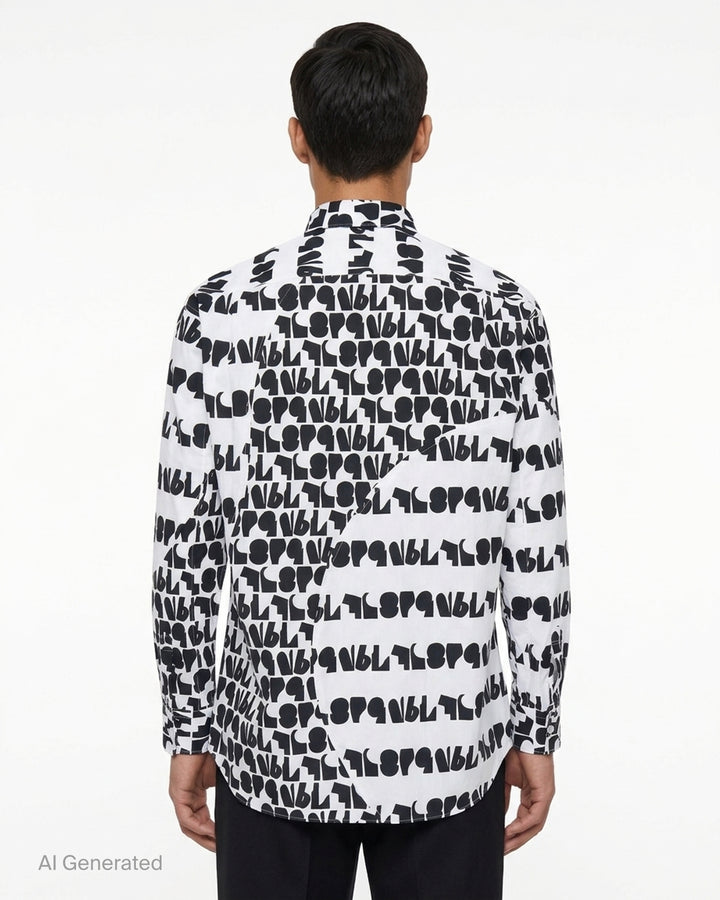 Comme des Garçons Shirt long sleeve shirt in white cotton with an all-over black abstract typography print, curved panel detail and chest pocket - back