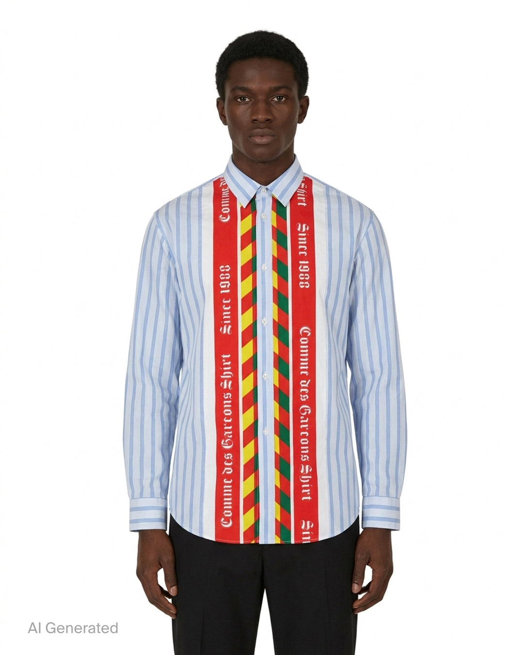 Comme des Garçons Shirt Label Stripe Shirt in blue and white stripes with red, yellow and green printed placket and Gothic 'Since 1988' lettering - front
