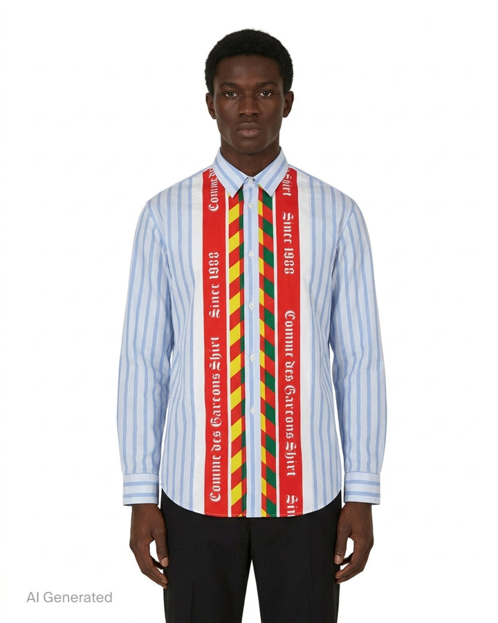 Comme des Garçons Shirt Label Stripe Shirt in blue and white stripes with red, yellow and green printed placket and Gothic 'Since 1988' lettering - front