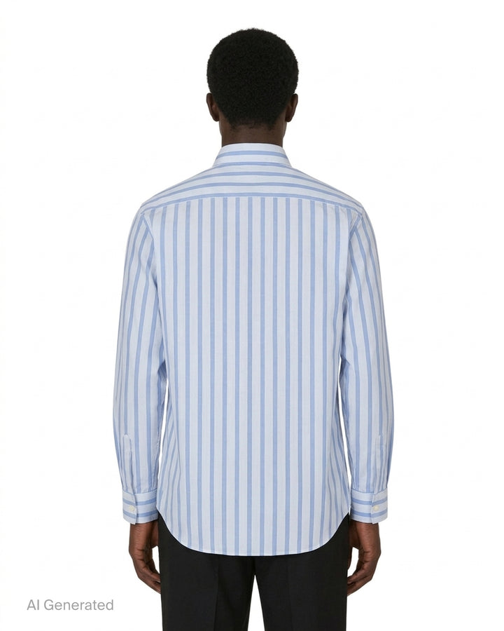 Comme des Garçons Shirt Label Stripe Shirt in blue and white stripes with red, yellow and green printed placket and Gothic 'Since 1988' lettering - back