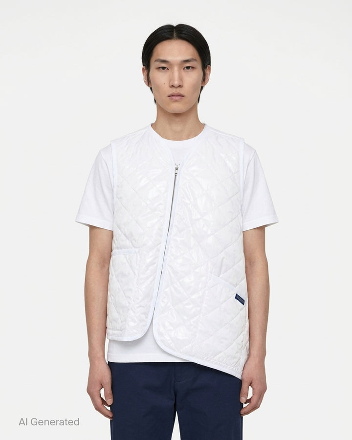Black lacquered quilted asymmetric vest with diagonal zip front and Lavenham label by Comme des Garçons Shirt - front
