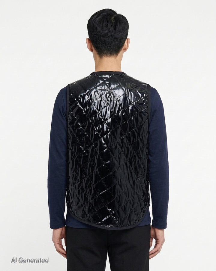 Black lacquered quilted asymmetric vest with diagonal zip front and Lavenham label by Comme des Garçons Shirt - back