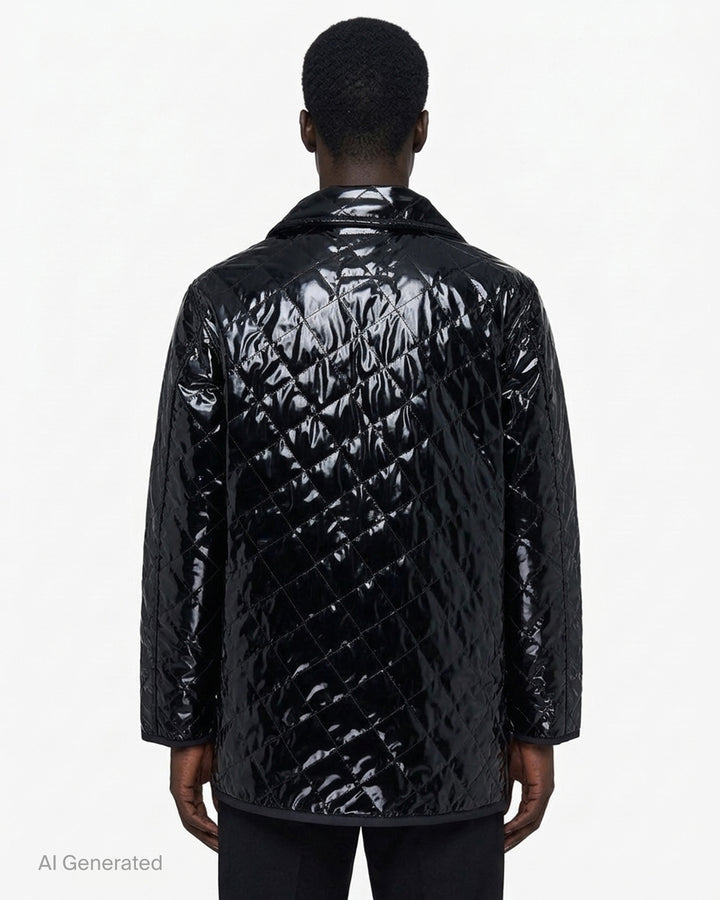 Black lacquered diamond-quilted zip-up jacket with asymmetric zip, collar and patch pockets by Comme des Garçons Shirt x Lavenham - back