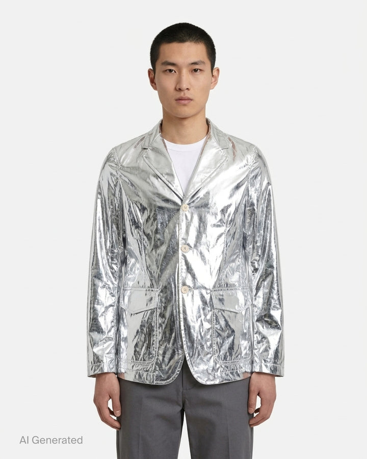 Comme des Garçons Shirt metallic silver blazer with notch lapels, three buttons and flap pockets, shown on a white background - front