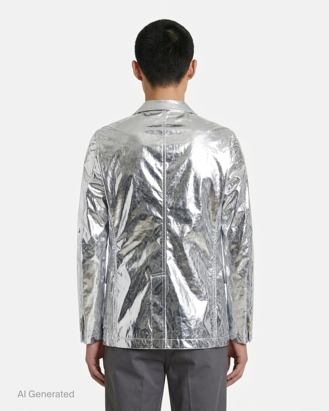 Comme des Garçons Shirt metallic silver blazer with notch lapels, three buttons and flap pockets, shown on a white background - back