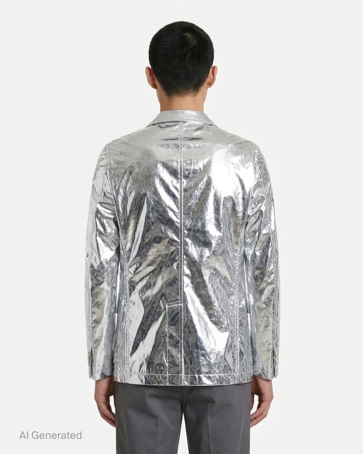 Comme des Garçons Shirt metallic silver blazer with notch lapels, three buttons and flap pockets, shown on a white background - back