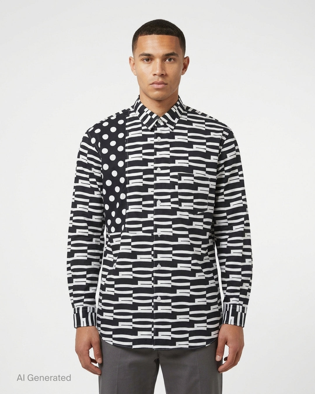 Comme des Garçons Shirt long-sleeve button-up in a black and white mixed print of offset graphic stripes with a polka dot panel and chest pocket - front