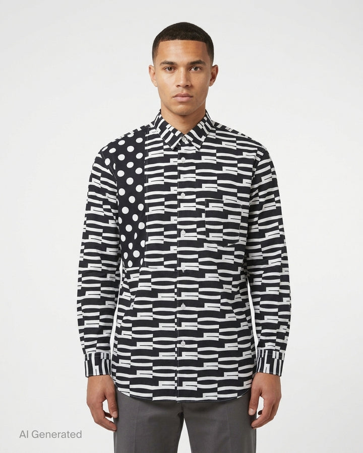 Comme des Garçons Shirt long-sleeve button-up in a black and white mixed print of offset graphic stripes with a polka dot panel and chest pocket - front