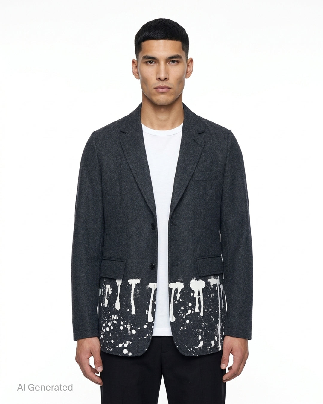 Comme des Garçons Shirt charcoal wool blazer with notched lapels, two-button closure and white paint-drip print along the hem - front