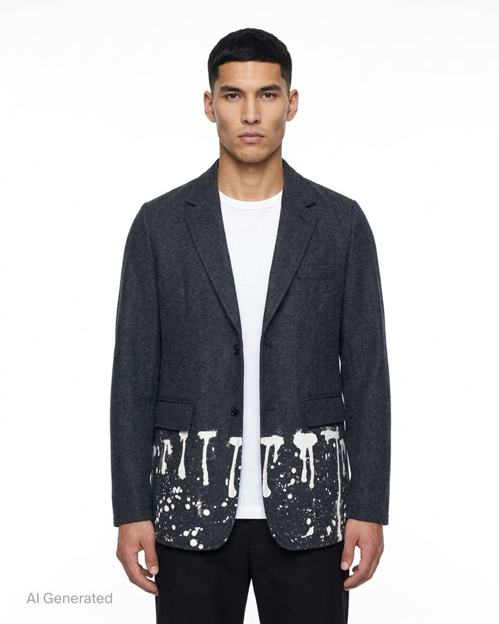 Comme des Garçons Shirt charcoal wool blazer with notched lapels, two-button closure and white paint-drip print along the hem - front