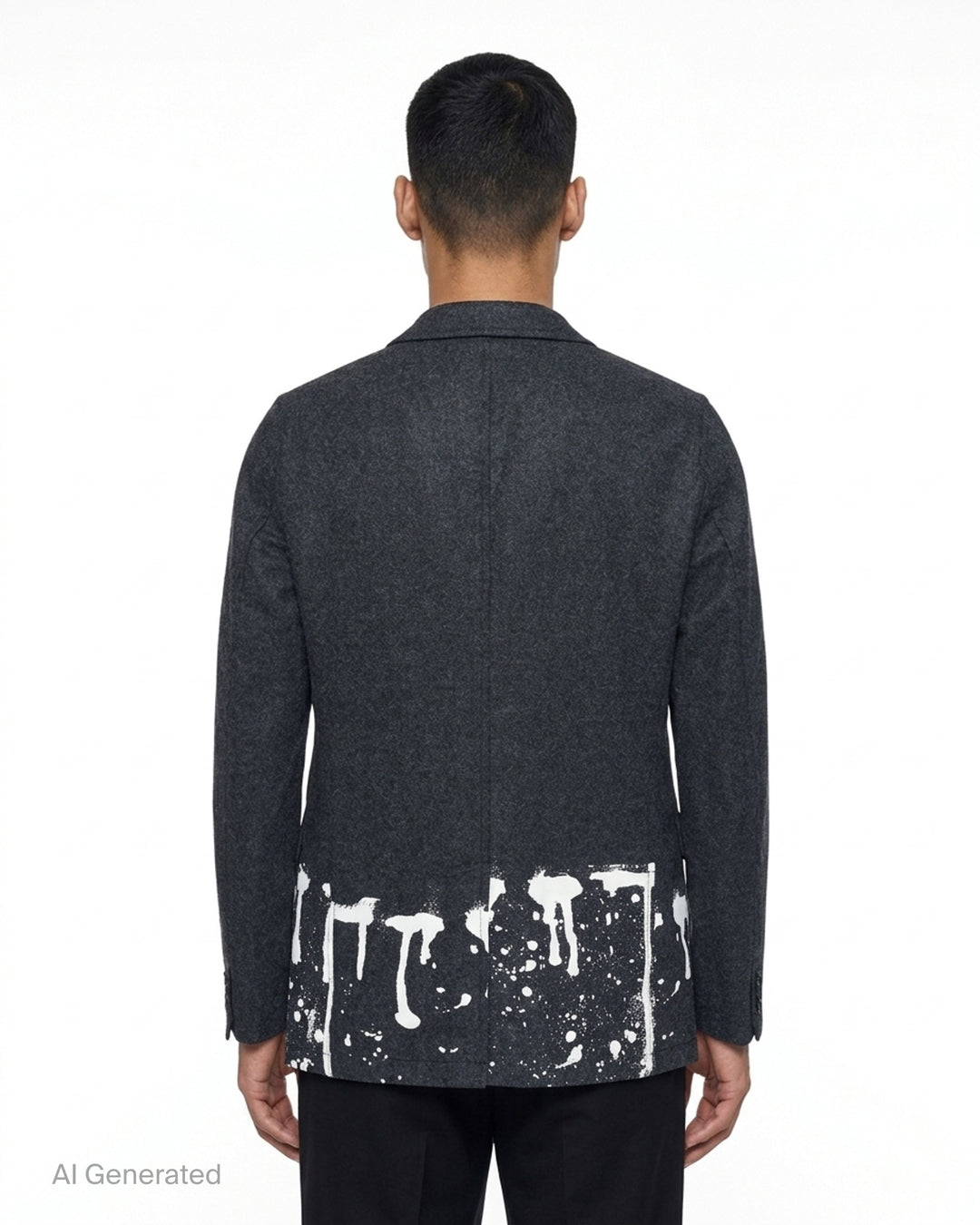 Comme des Garçons Shirt charcoal wool blazer with notched lapels, two-button closure and white paint-drip print along the hem - back