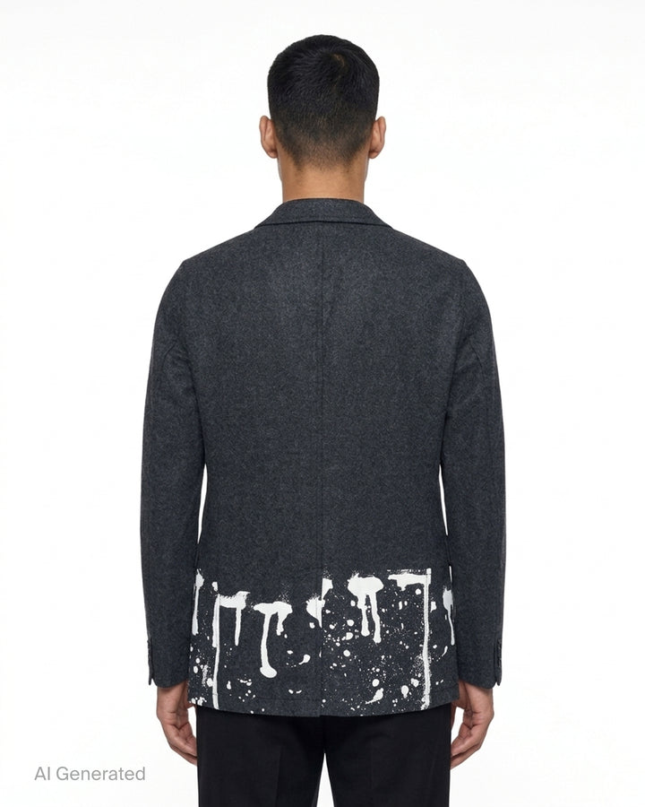 Comme des Garçons Shirt charcoal wool blazer with notched lapels, two-button closure and white paint-drip print along the hem - back