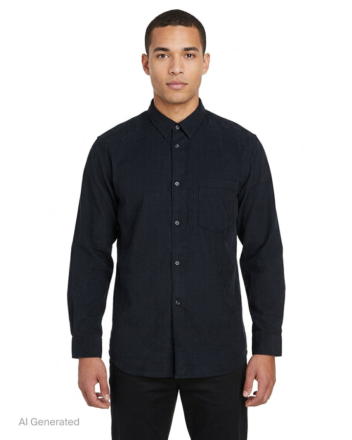 Comme des Garçons Shirt dark pinstripe long sleeve shirt with pointed collar, button front and chest pocket - front