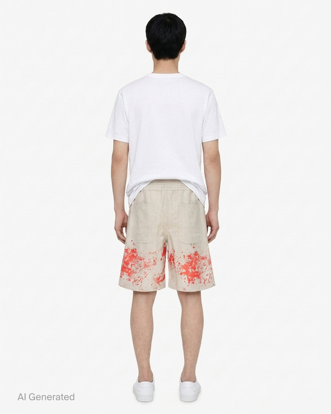 Comme des Garçons Shirt oatmeal wool shorts with red paint splash print along the hem and a ribbed elasticated waistband - back