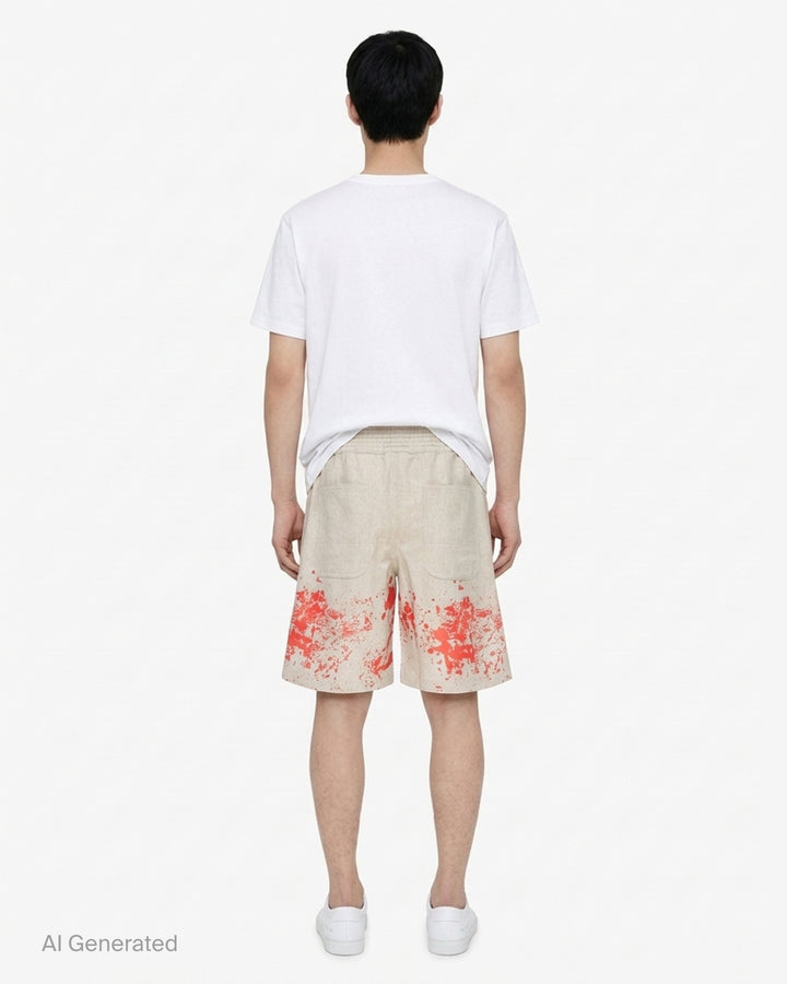 Comme des Garçons Shirt oatmeal wool shorts with red paint splash print along the hem and a ribbed elasticated waistband - back