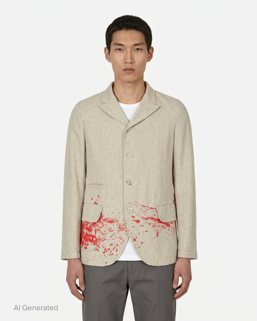 Comme des Garçons Shirt oatmeal single-breasted tailored blazer with red paint-splatter print at the hem - front
