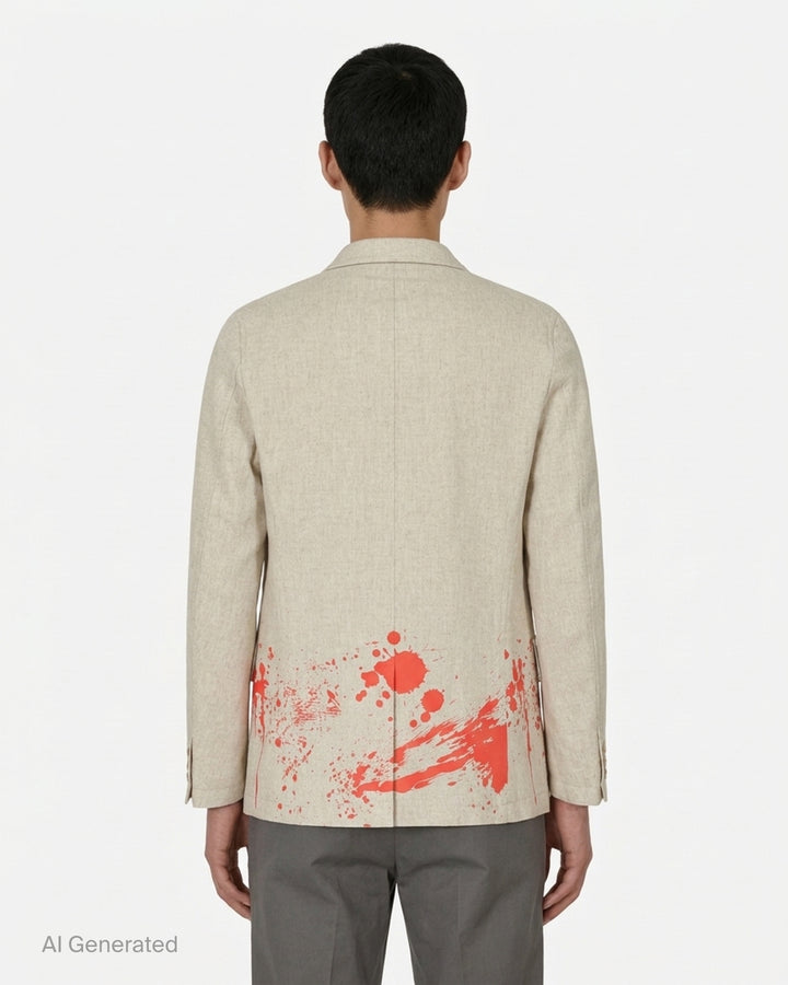 Comme des Garçons Shirt oatmeal single-breasted tailored blazer with red paint-splatter print at the hem - back