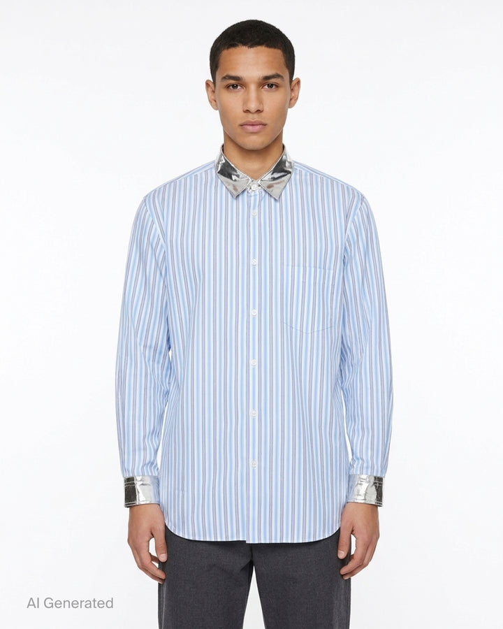 Blue and white striped button-up shirt with metallic gold collar and cuffs and a chest pocket - front